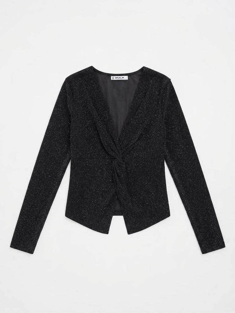 Glitter Knot-Front Long-Sleeve Top