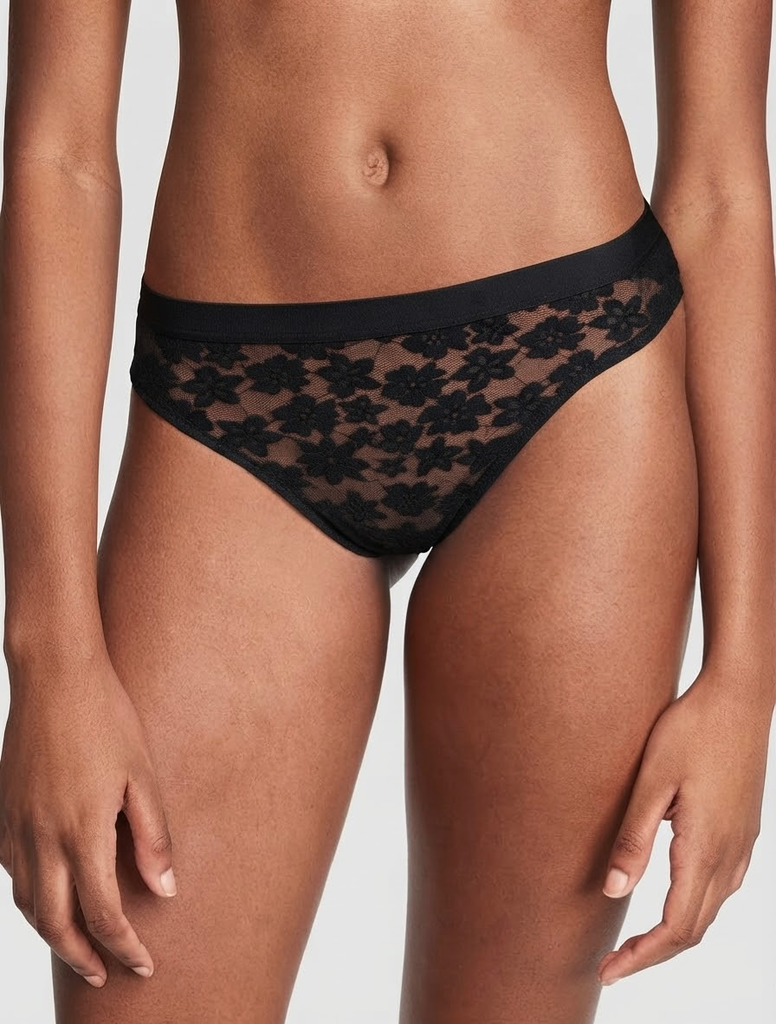 Pink Floral Lace Cheeky Panty (Negro)