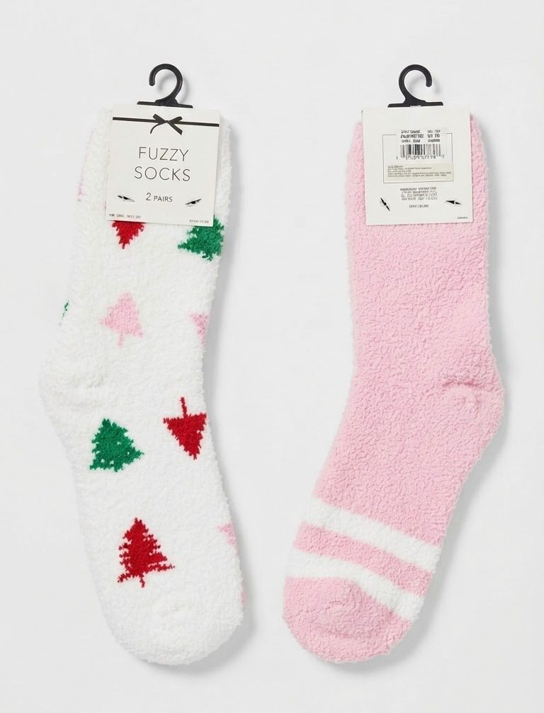 Christmas Tree & Striped Fuzzy Holiday Socks Set