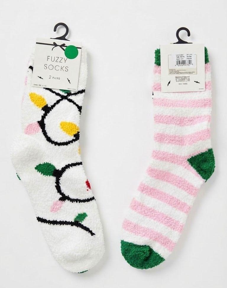 Christmas Lights & Striped Fuzzy Holiday Socks Set