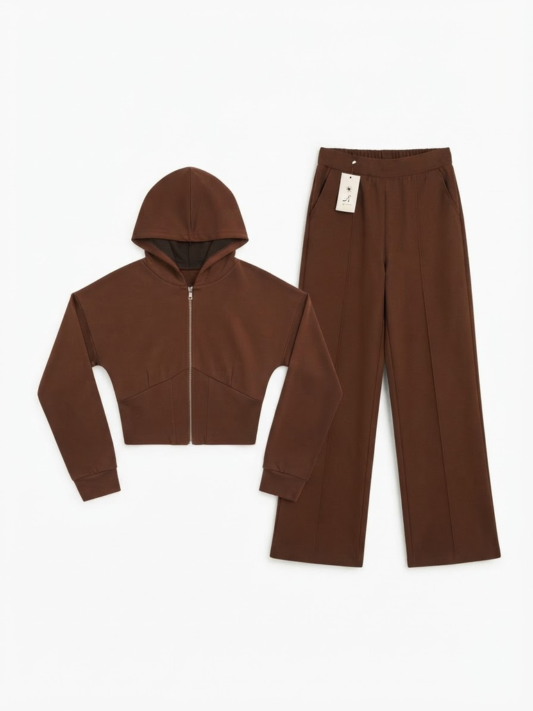 Brown Cropped Zip Hoodie & Wide-Leg Pants Set