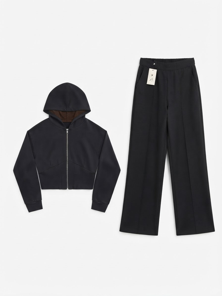 Black Cropped Zip Hoodie & Wide-Leg Pants Set
