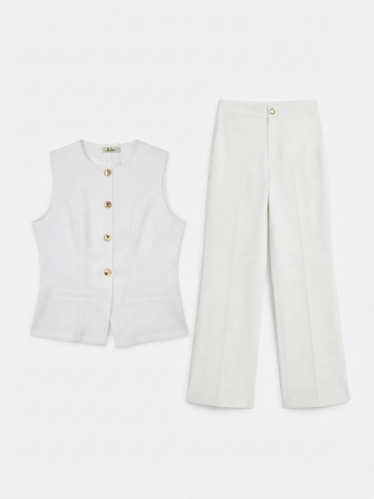 White Button-Front Vest & Wide-Leg Pants Set