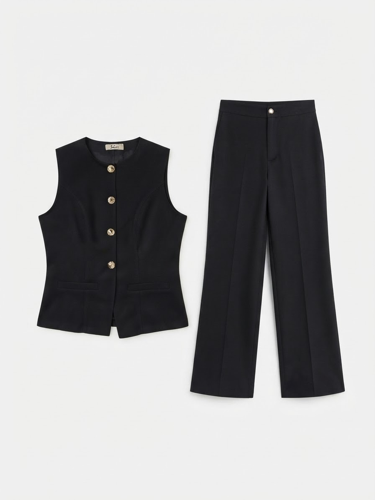Black Button-Front Vest & Wide-Leg Pants Set
