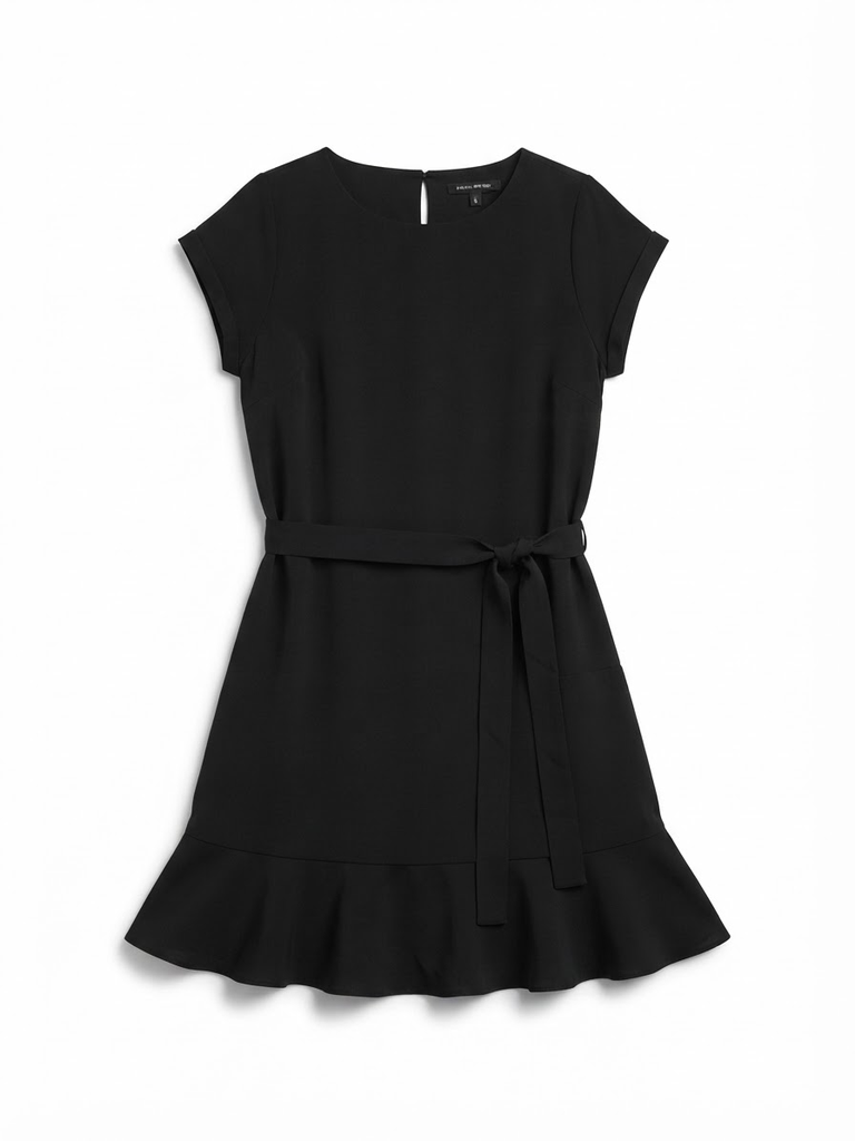 Black Ruffle-Hem Dress with Waist Tie