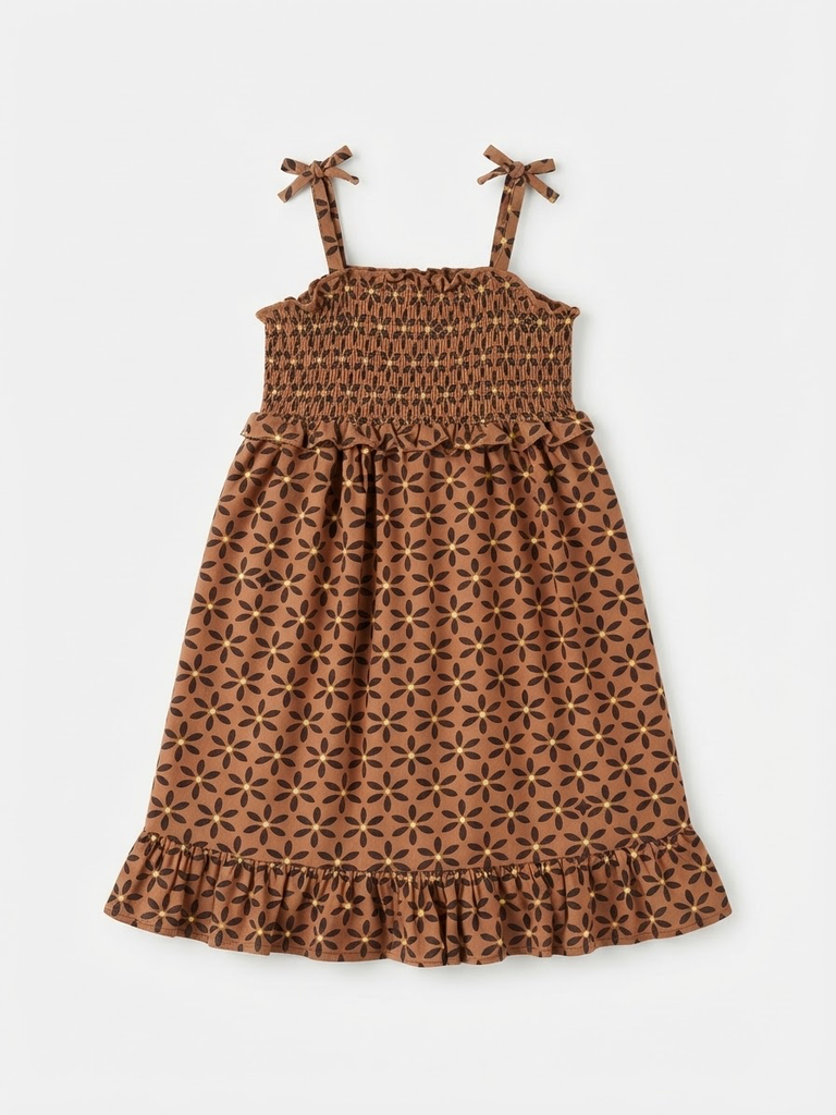 Brown Floral Smocked Girl's Dress